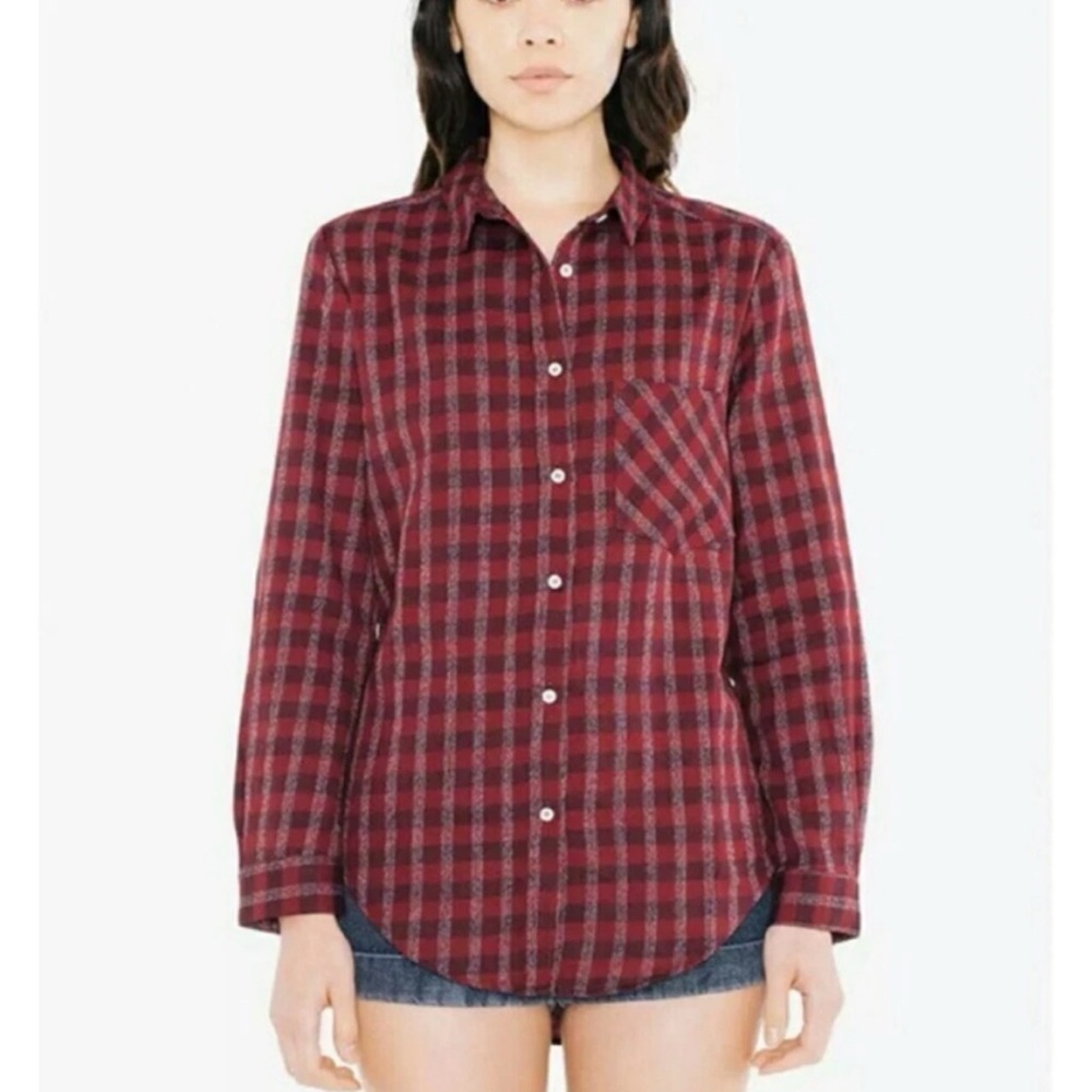 American Apparel Hank Long Button Down Shirt Flannel Red Plaid Made in USA